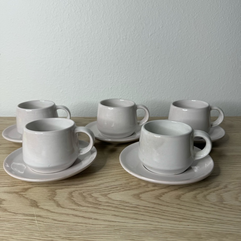 Set of 5 Frankoma Bone White Cream Tea Cups and Saucers Handmade Art Pottery